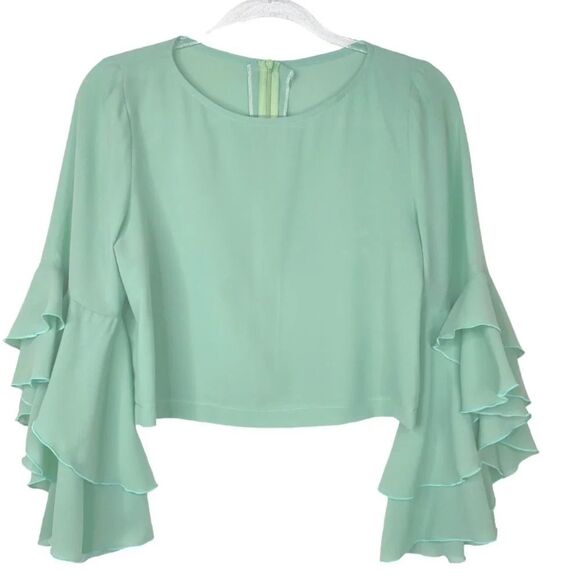 Green Ruffle Layered Sleeve Pastel Chiffon Top Green Small St. Patrick's Day - Picture 2 of 16